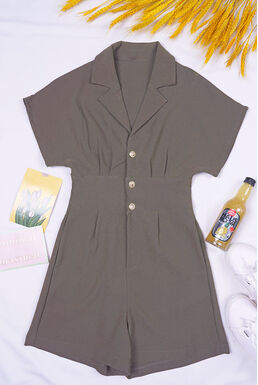 Notch Collar Gold Button Front Pleated Playsuit (Mocha Brown)